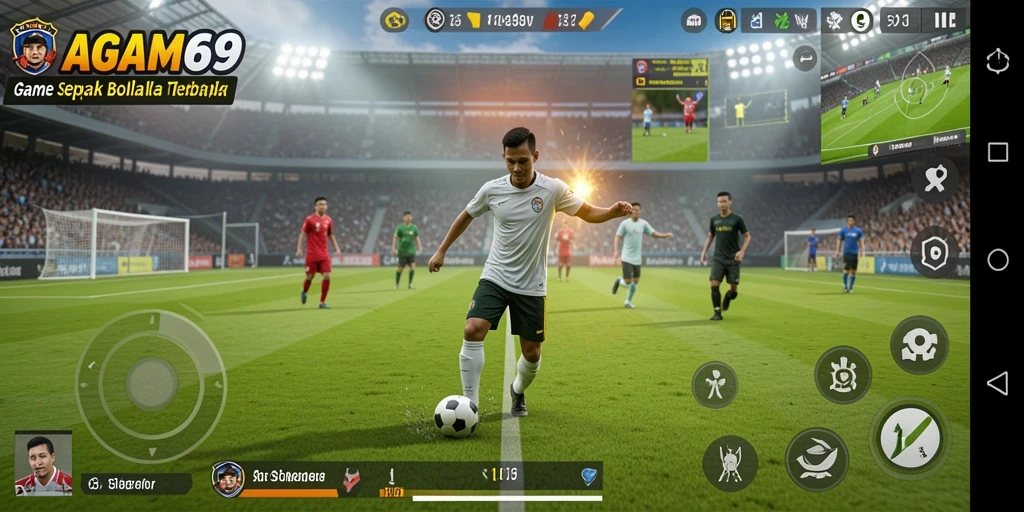 Screenshot gameplay menampilkan aksi seru pertandingan sepak bola.
