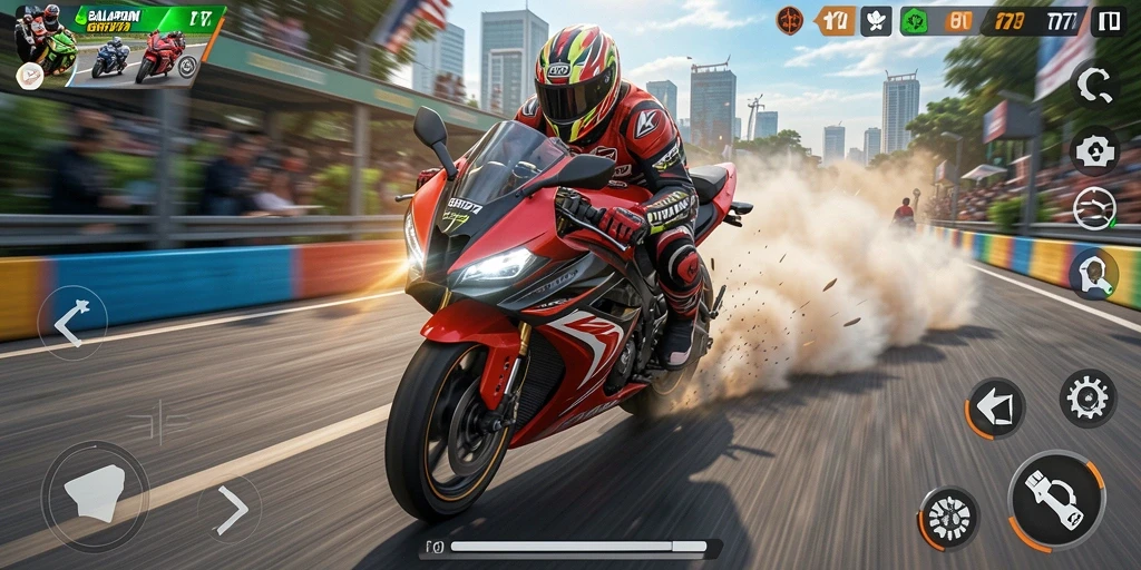 Screenshot gameplay GN777 yang menunjukkan aksi balapan motor yang seru.