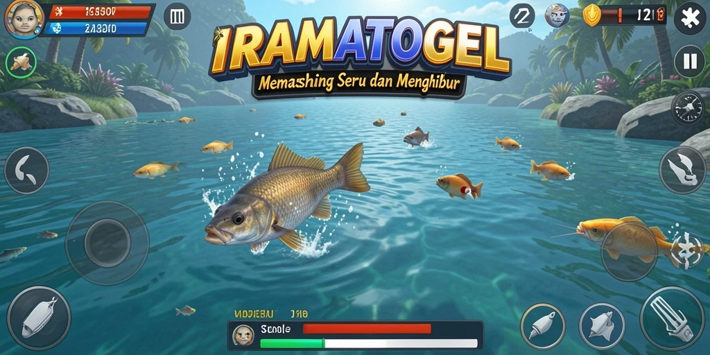 Tampilan gameplay IRAMATOGEL yang menarik dengan aksi menangkap ikan.